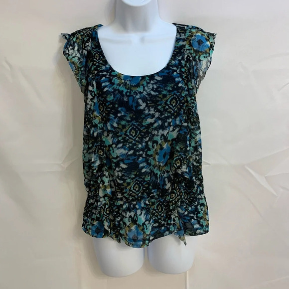 Apt. 9 Blue, Green, Black and Olive Print Ruffle Peplum Blouse - PXS - Picture 10 of 11